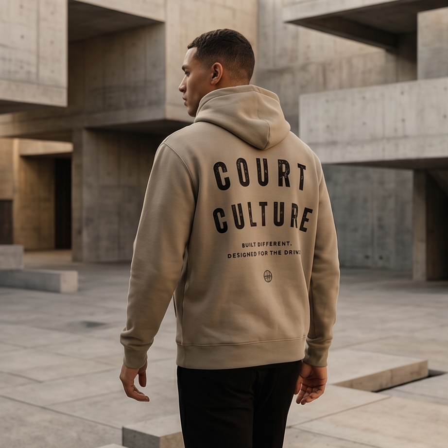 Person wearing a beige hoodie with 'Court Culture' text in an urban setting