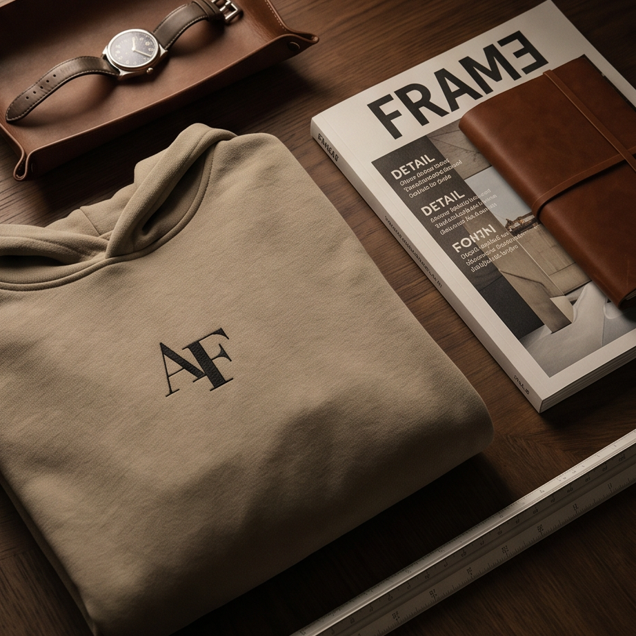 Folded beige sweatshirt with 'AF' logo on a wooden surface with a magazine and watch.
