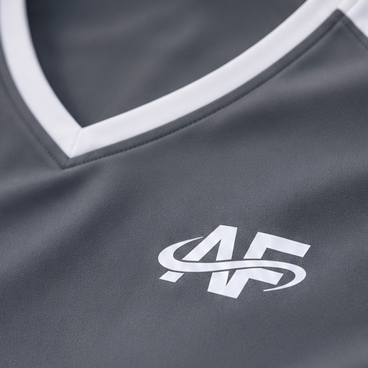 Gray and white sports shirt with a logo on a blurred outdoor background
