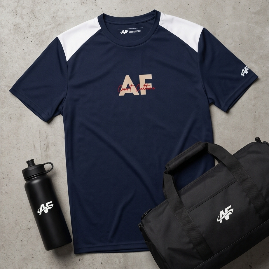 Navy and white athletic shirt with 'AF' logo, black water bottle, and black duffel bag on a concrete surface.