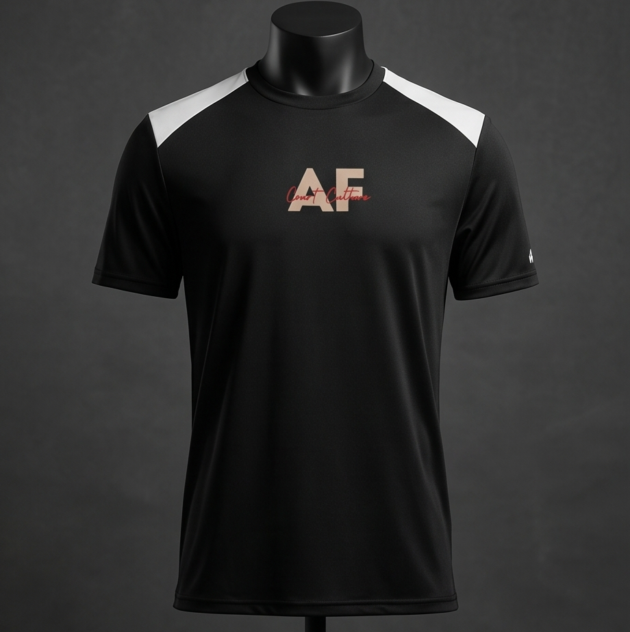 Black sports jersey with 'AF' logo on a mannequin against a dark background
