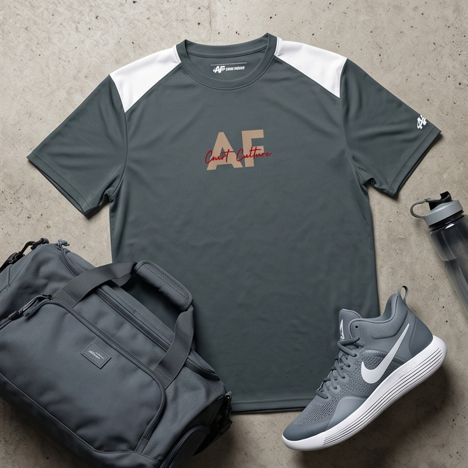 Gray t-shirt with 'AF' logo, black duffel bag, gray sneakers, and water bottle on a concrete surface