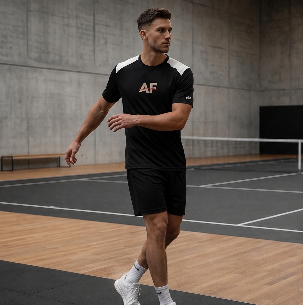 Man wearing a black sports outfit with 'AF' logo on a tennis court