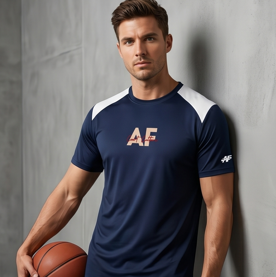 Man wearing a navy blue sports jersey with 'AF' logo holding a basketball against a gray background