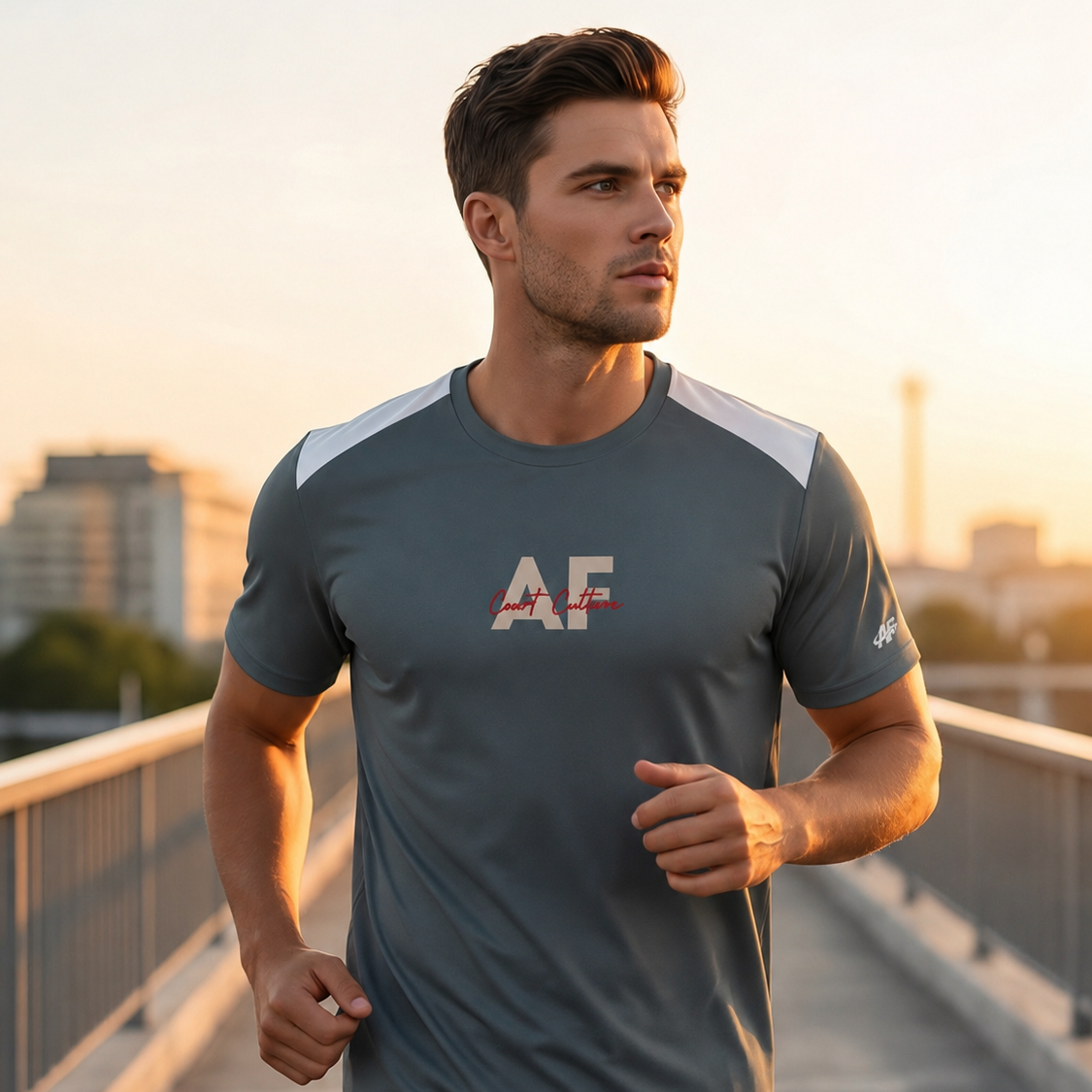 Man running on a bridge wearing a gray t-shirt with 'AF' logo