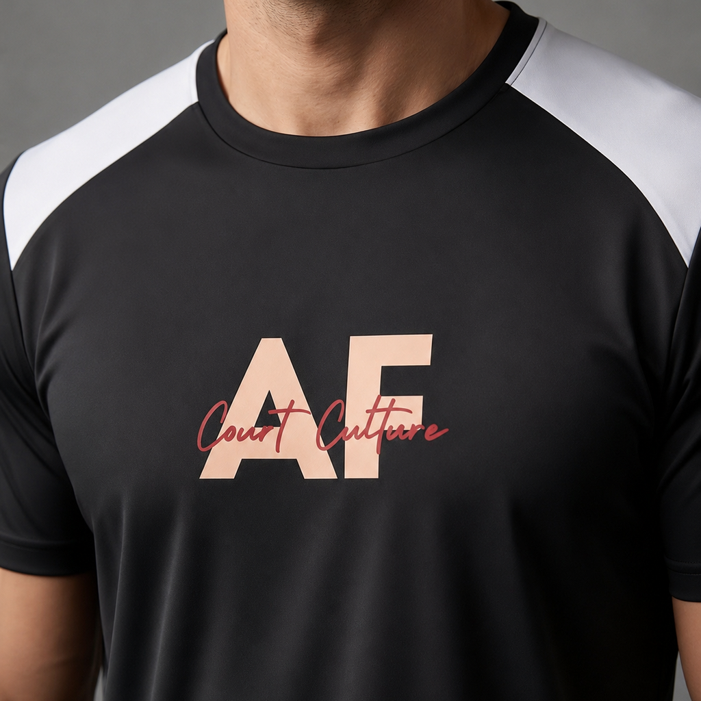 Black t-shirt with 'AF Court Culture' text on a gray background