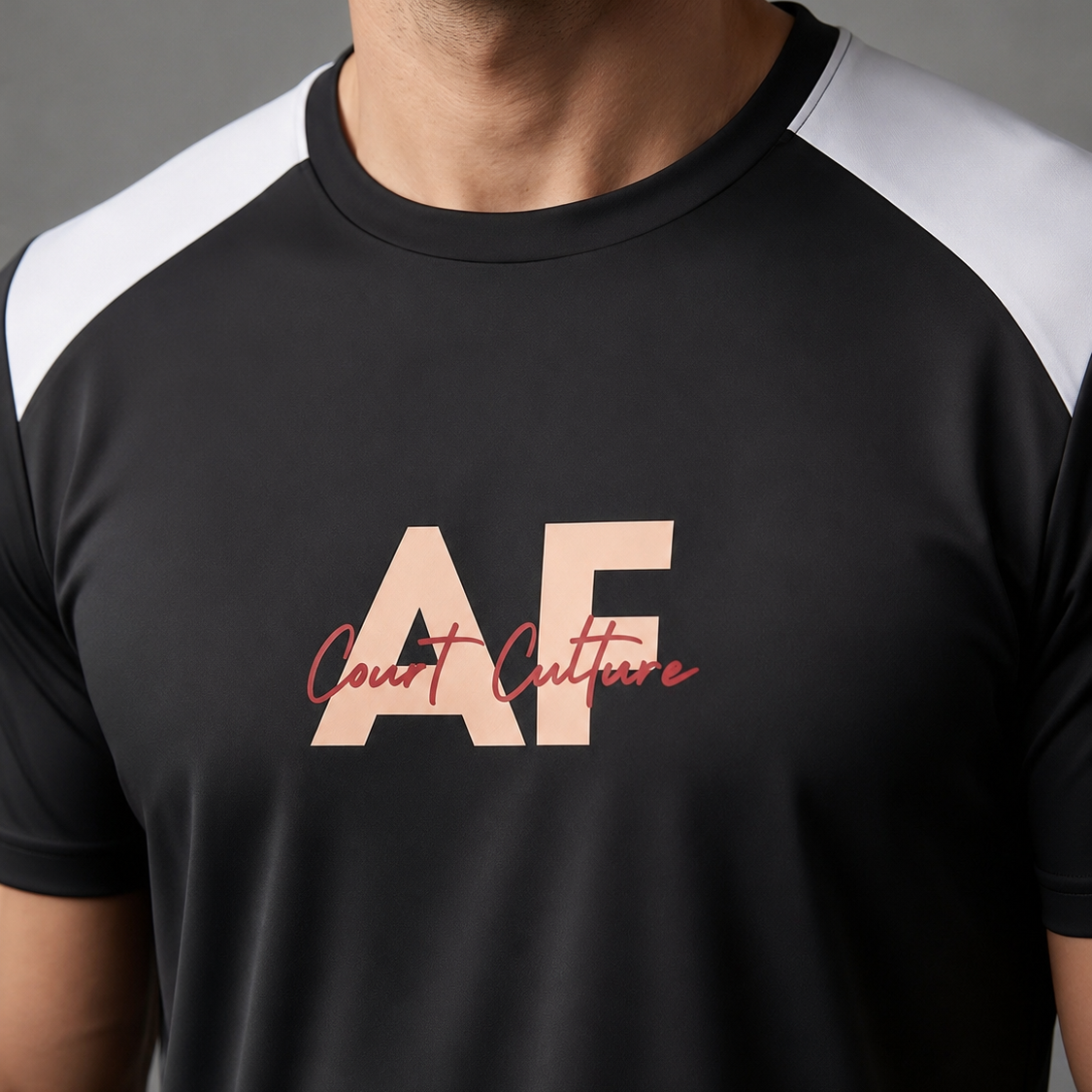 Black t-shirt with 'AF Court Culture' text on a gray background
