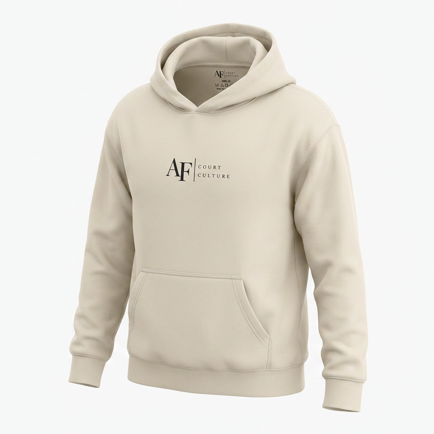Beige hoodie with a logo on a white background