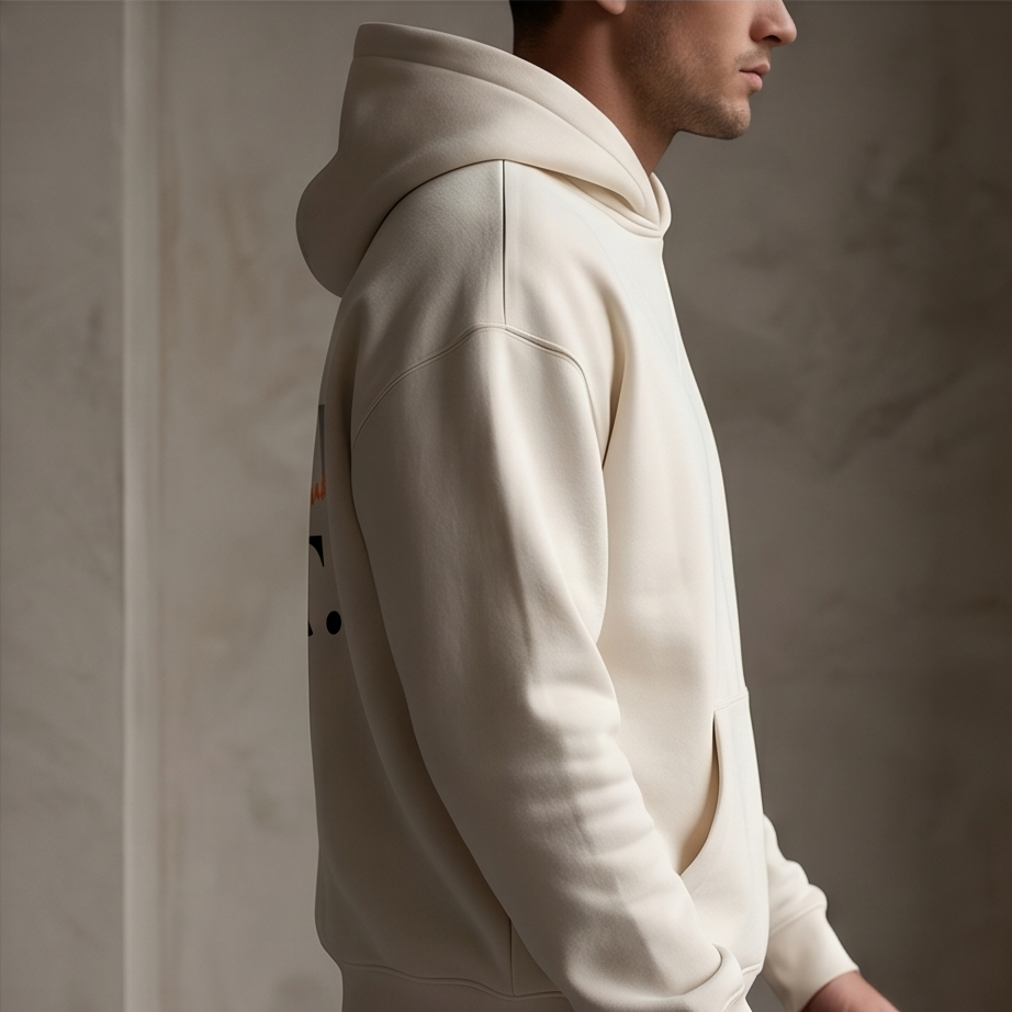 Person wearing a white hoodie with a logo on a plain background