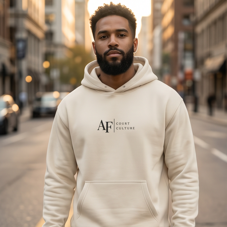 Man wearing a beige hoodie with 'AF Court Culture' logo on a city street.