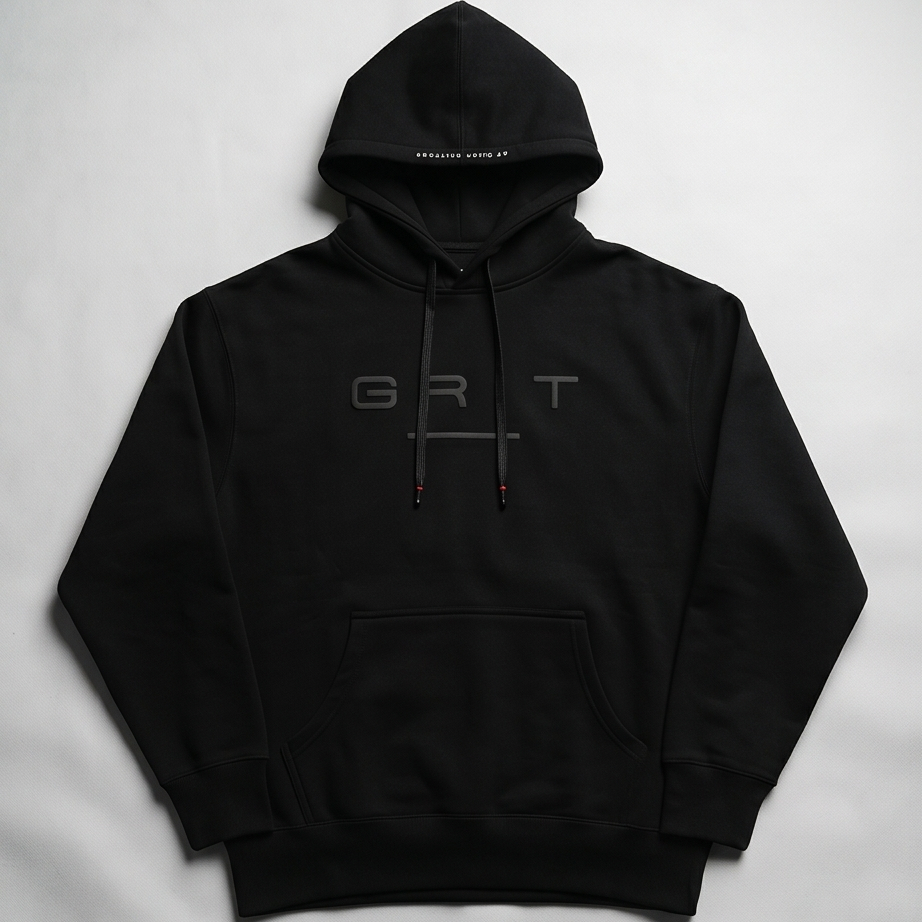 Black hoodie with 'GRT' logo on a light gray background