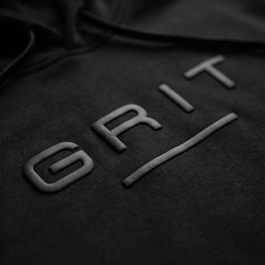 Close-up of a black hoodie with 'GRIT' logo on a dark background
