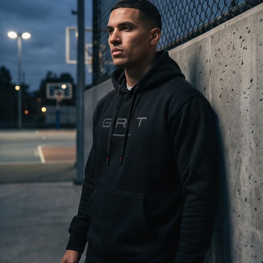 Person wearing a black hoodie with 'GRT' logo on a basketball court at dusk.