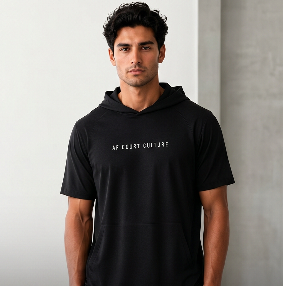 Man wearing a black hoodie with 'AF Court Culture' text against a plain background