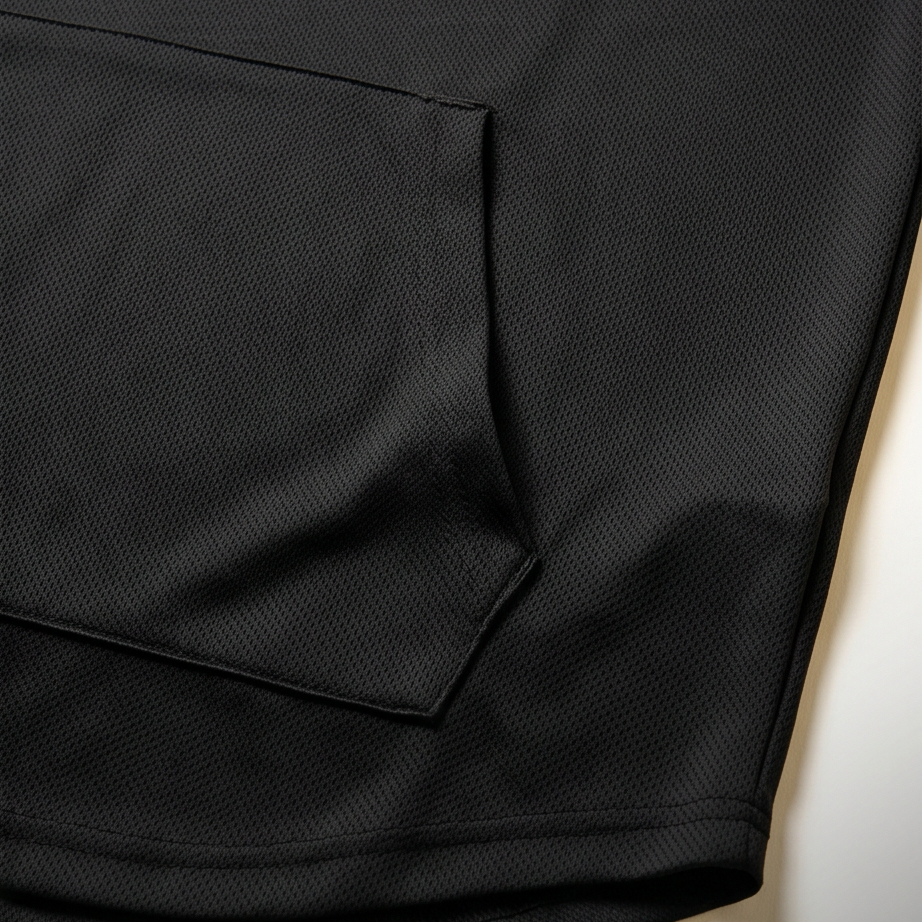 Close-up of a black textured fabric with a pocket on a white background