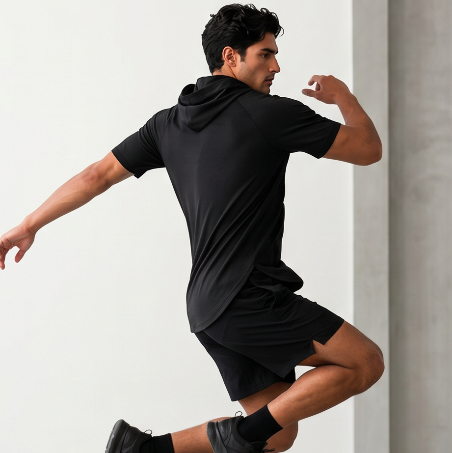 Man in black athletic wear jumping against a light gray background