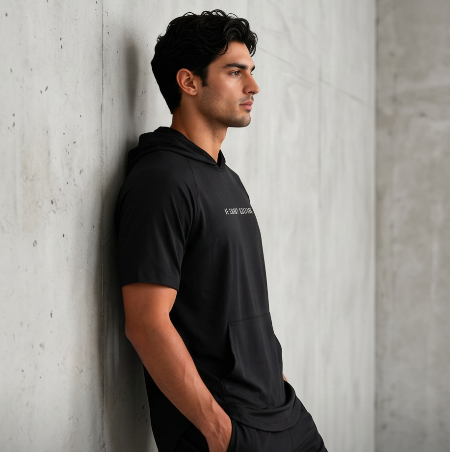 Man wearing a black hoodie and shorts leaning against a concrete wall