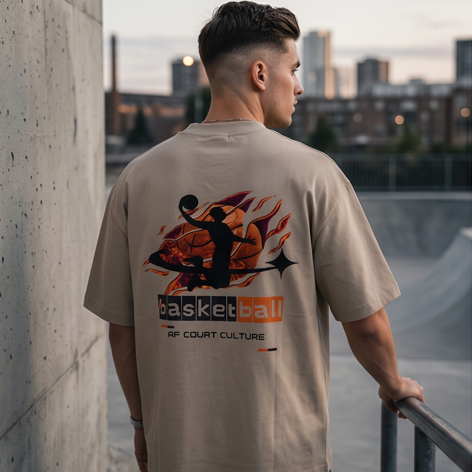 Person wearing a beige t-shirt with a basketball design, standing on a rooftop with cityscape in the background.