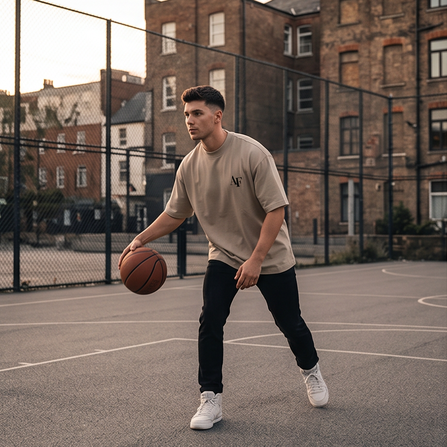 Man holding a basketball on an outdoor court with brick buildings in the background