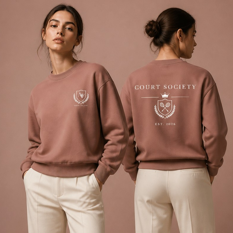 Two women modeling a dusty rose sweatshirt and cream trousers in a studio setting with a matching dusty rose background. The front view shows a small crest logo on the left chest, and the back view shows 'COURT SOCIETY EST.