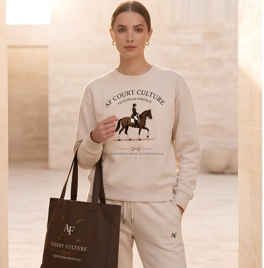 A woman modeling a cream-colored equestrian sweatshirt and matching sweatpants, carrying a dark brown tote bag with 'AF COURT CULTURE' branding in a sunlit stone corridor.