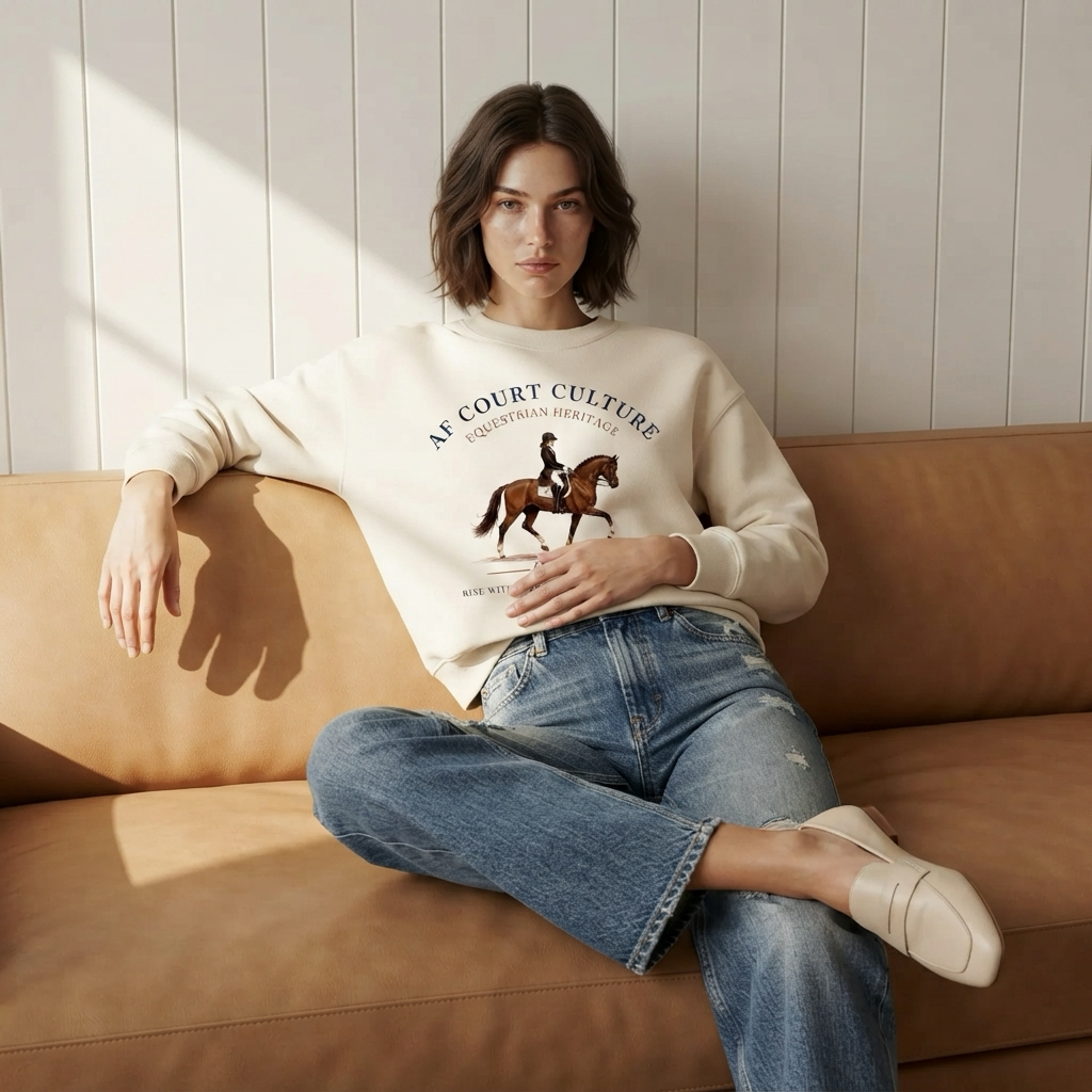 A woman sits on a tan leather couch wearing a cream sweatshirt with a horse-and-rider graphic and the text 'AF COURT CULTURE', paired with blue jeans and white loafers in a sunlit room.