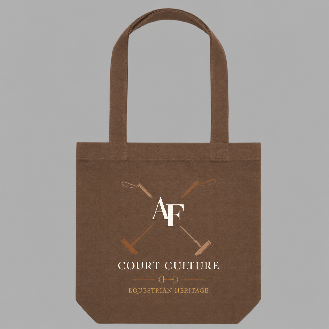 A brown canvas tote bag with a printed design featuring crossed polo mallets, an 'AF' monogram, and the text 'COURT CULTURE' and 'EQUESTRIAN HERITAGE' on a solid gray background.
