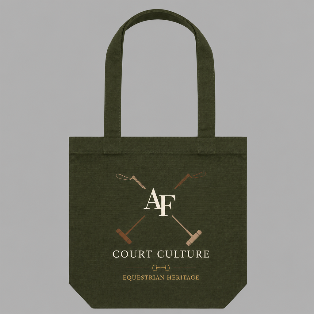An olive green canvas tote bag with a printed equestrian-themed graphic featuring crossed polo mallets, an 'AF' monogram, and the text 'COURT CULTURE' and 'EQUESTRIAN HERITAGE' on a solid gray background.