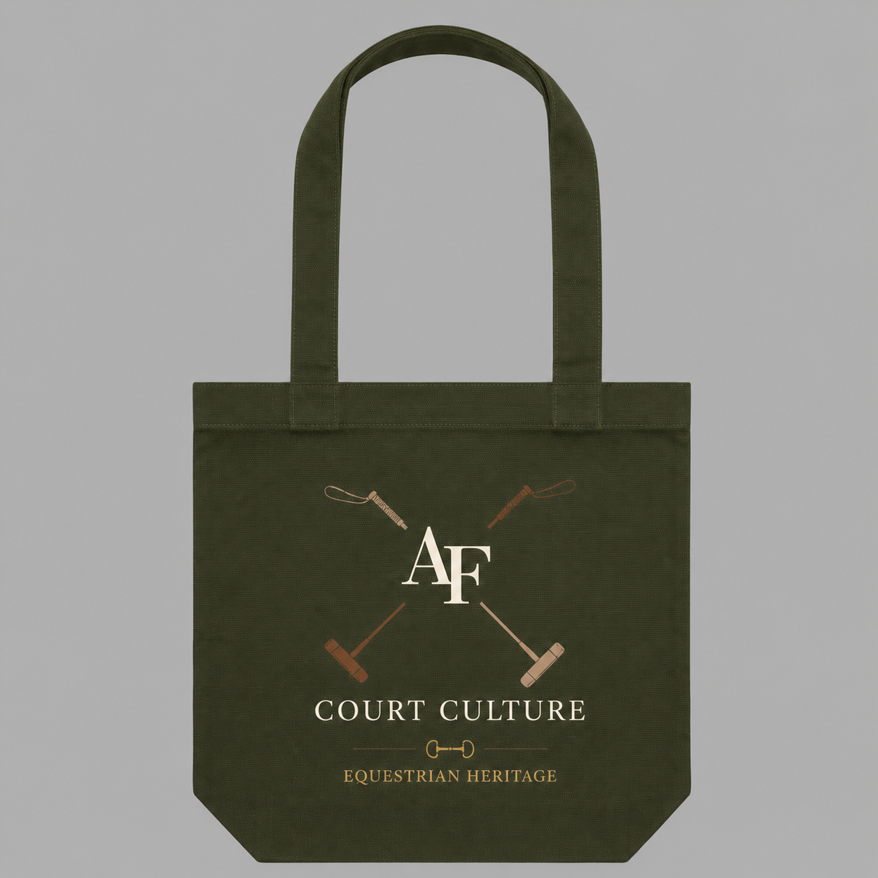 An olive green canvas tote bag with a printed equestrian-themed graphic featuring crossed polo mallets, an 'AF' monogram, and the text 'COURT CULTURE' and 'EQUESTRIAN HERITAGE' on a solid gray background.