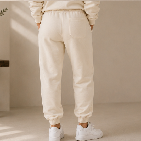 A four-panel collage showing jogger sweatpants worn by a model, with front and back views in two colorways: cream/off-white and black. Each panel shows the pants from the waist down, paired with white sneakers, in a warm neutral room with potted plants and window shadows.