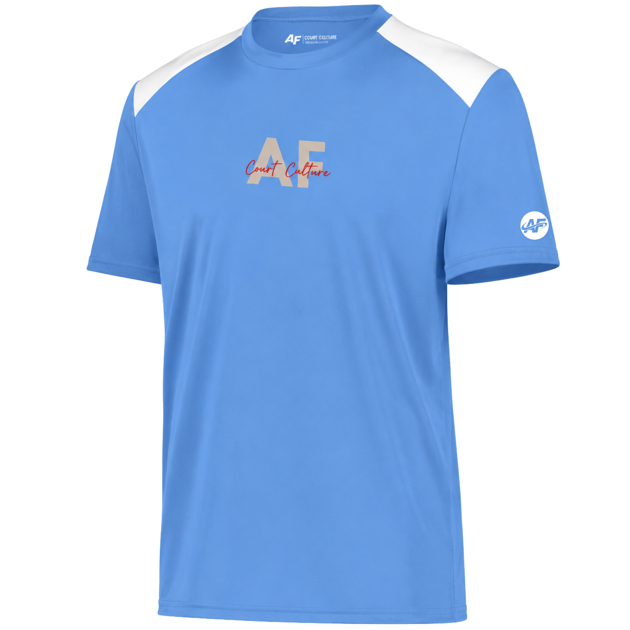 A light blue athletic t-shirt with white shoulder panels, featuring a stylized 'AF' logo on the chest with 'Limit Culture' in red script, and a white circular 'AF' logo on the right sleeve.