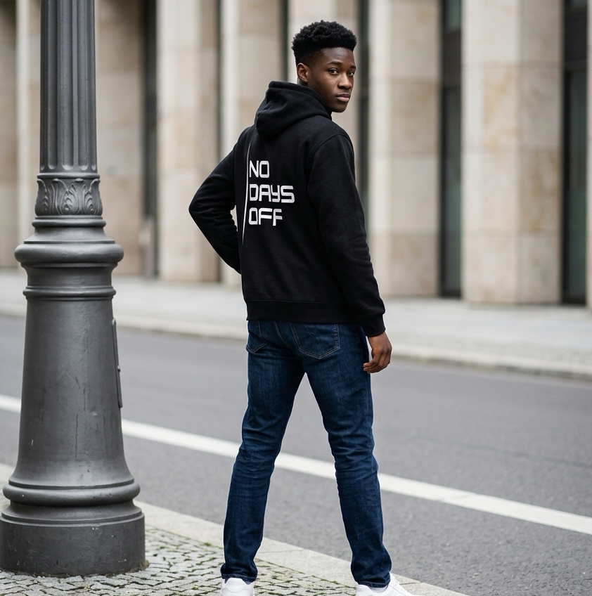 Person wearing a black hoodie with 'NO DAYS OFF' text, standing on a street.