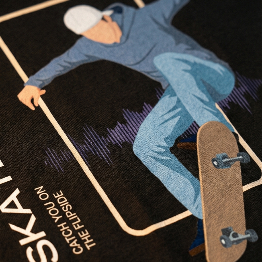 Skateboarder performing a trick on a ramp with 'SKATE' branding and text.