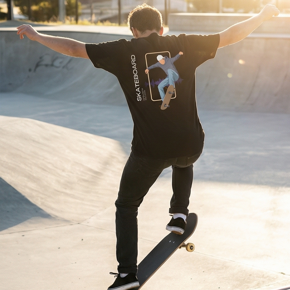 Person skateboarding at a skate park with a black t-shirt featuring a graphic design.