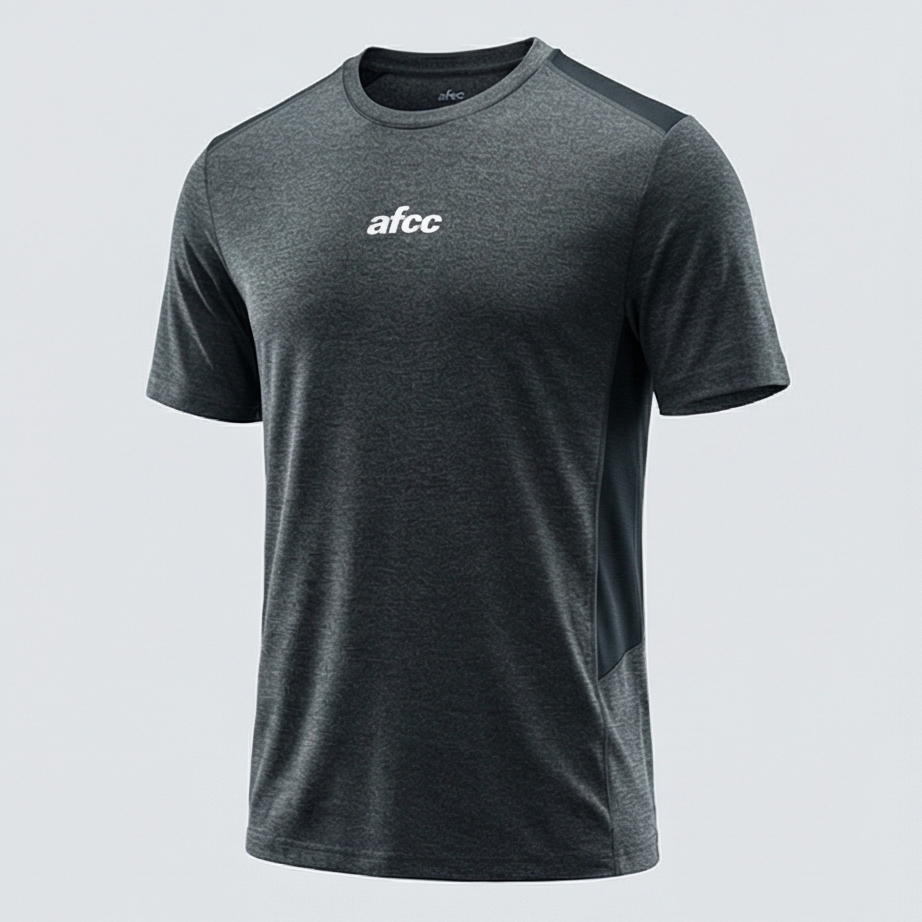Gray t-shirt with 'afcc' logo on a light gray background