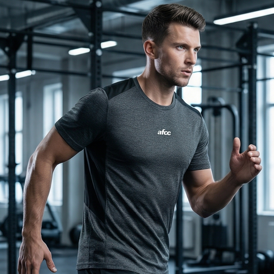 Man in a gym wearing a gray athletic shirt with 'afco' branding.