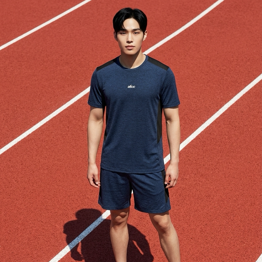 Person wearing a navy blue athletic outfit on a red running track