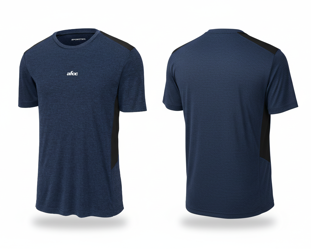 Navy blue t-shirt with a brand logo on a white background