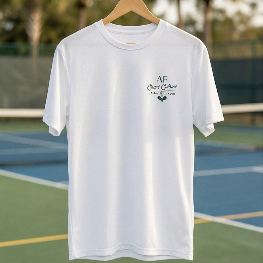 White t-shirt with a logo on a hanger against a tennis court background
