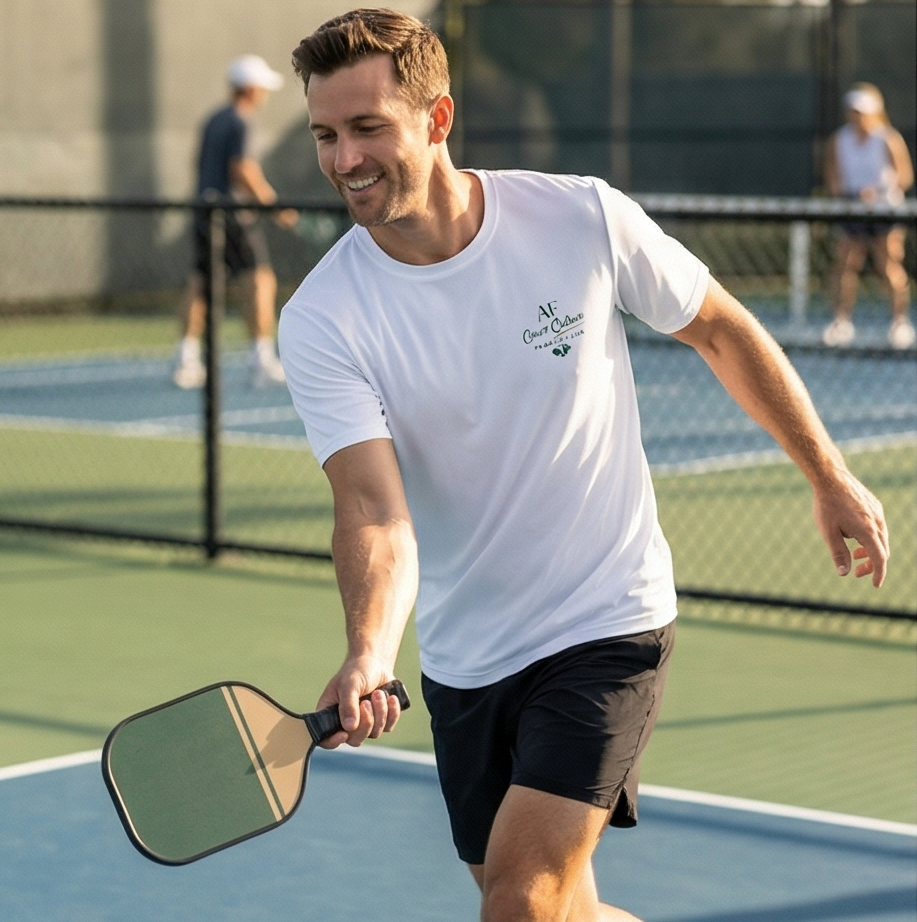Man playing pickleball on a court wearing a white shirt and black shorts.