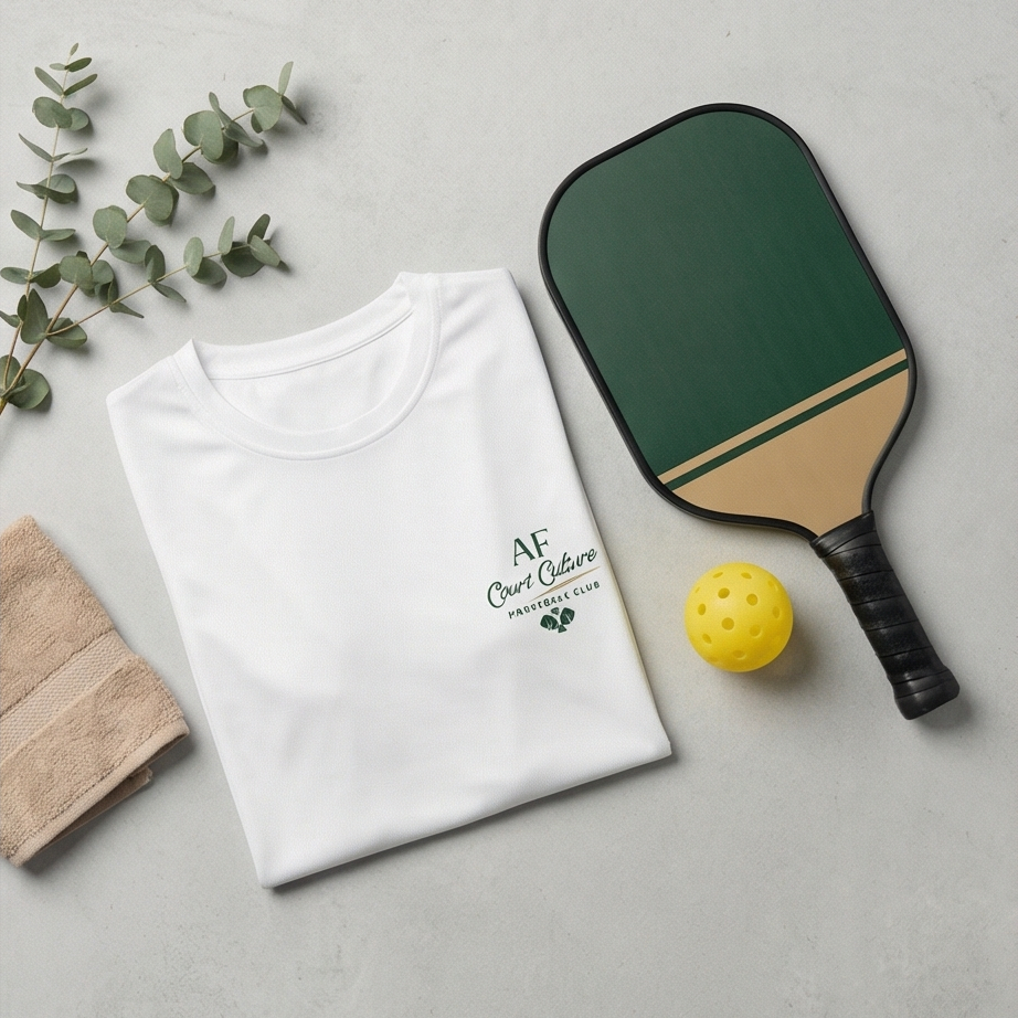 White t-shirt with a logo, green paddle, yellow ball, and eucalyptus leaves on a light gray surface