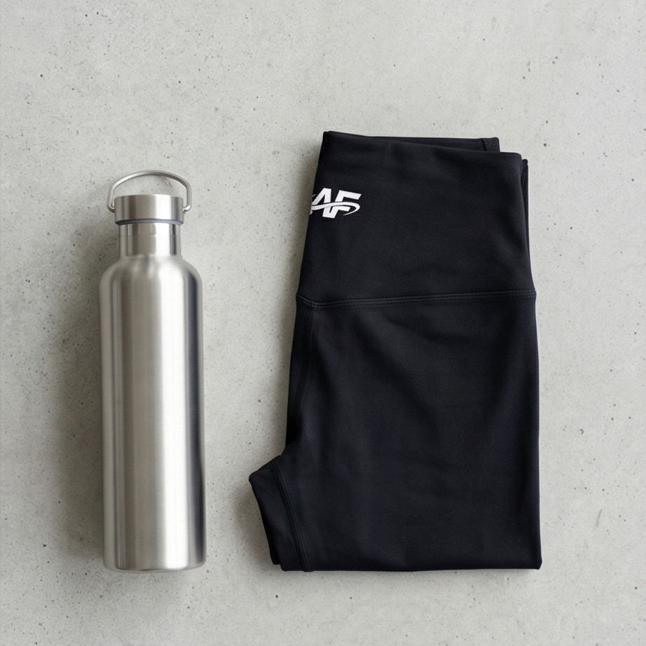 Silver water bottle and black leggings with a logo on a light gray surface
