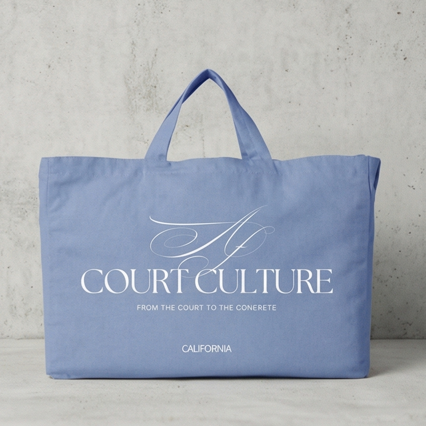 Blue tote bag with 'AF COURT CULTURE' text on a gray background