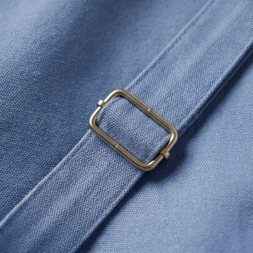 Close-up of a blue fabric with a gold buckle on a white background