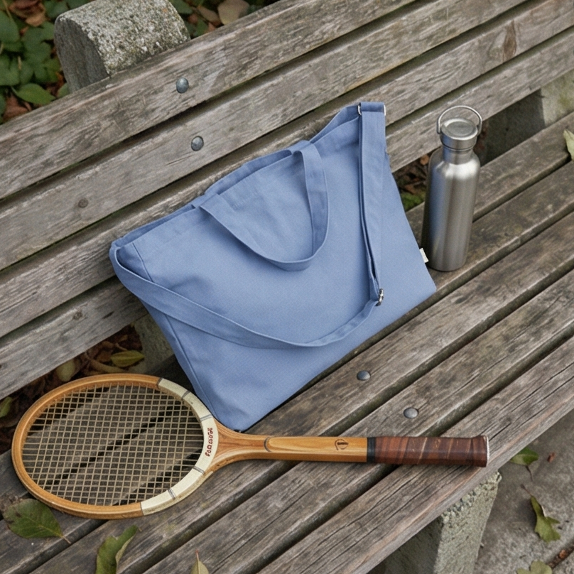 Blue folding bag, wooden tennis racket, and silver water bottle on a wooden bench.