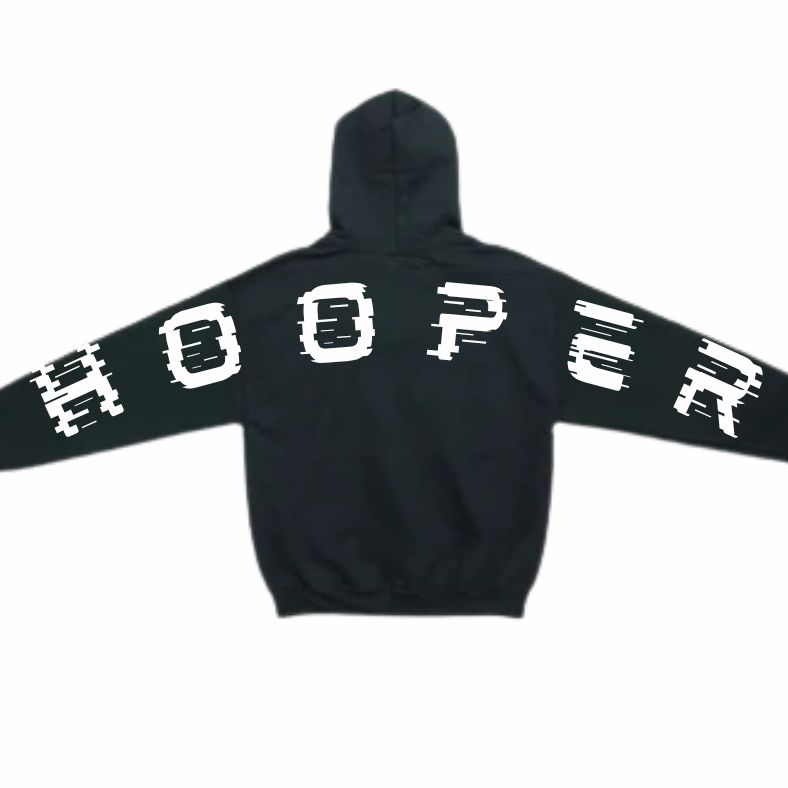 Black hoodie with white text on sleeves and back against a white background