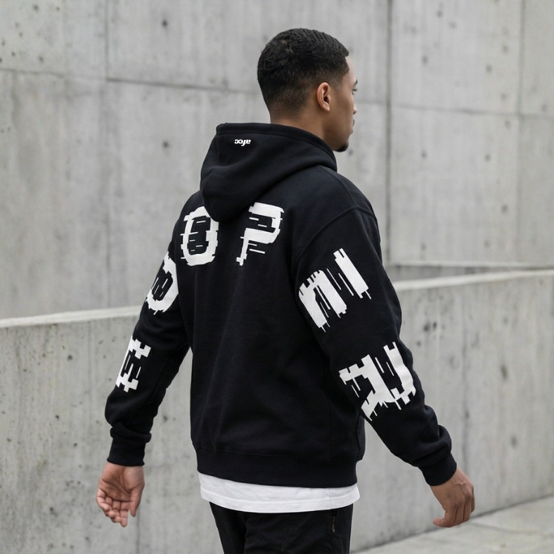 Person wearing a black hoodie with white text, walking against a concrete wall.
