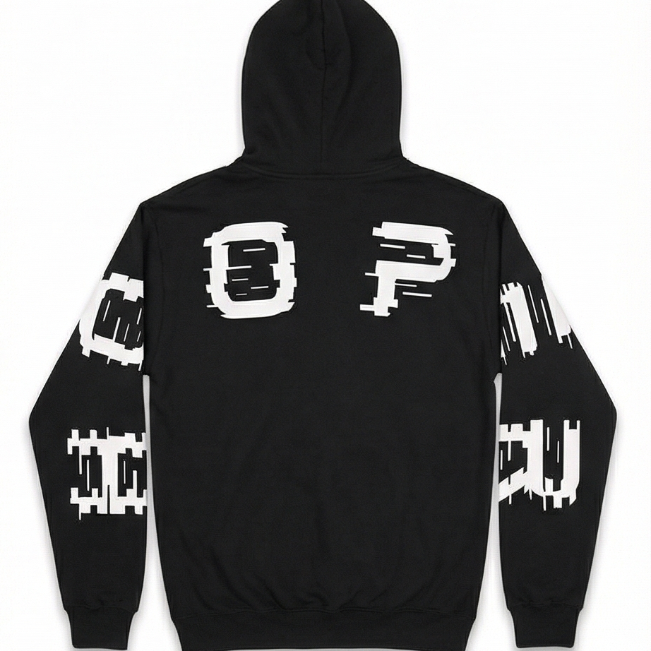 Black hoodie with white graphics on sleeves and back against a white background