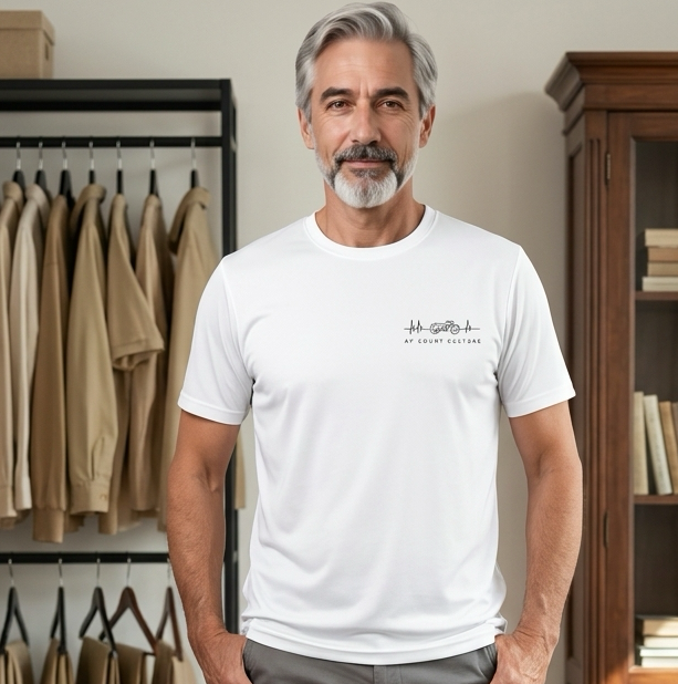 Man wearing a white t-shirt with text and gray pants standing in a room with  furniture.