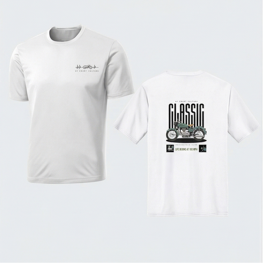 Two white t-shirts with graphic designs on a light gray background